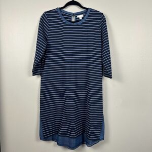 J. Jill Striped Knit Chambray Hem Shift Dress Size Medium Blue 3/4 Sleeve